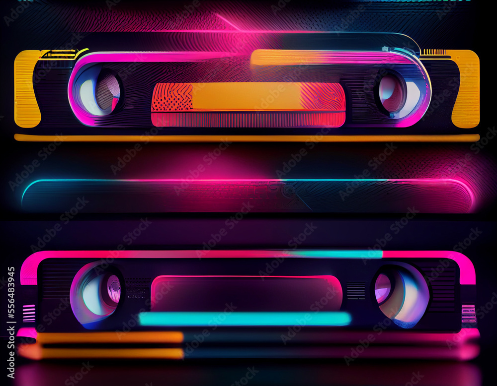 Poster beautiful audio cassette tape in neon light.minimalism retro style concept. 80s. background pattern 