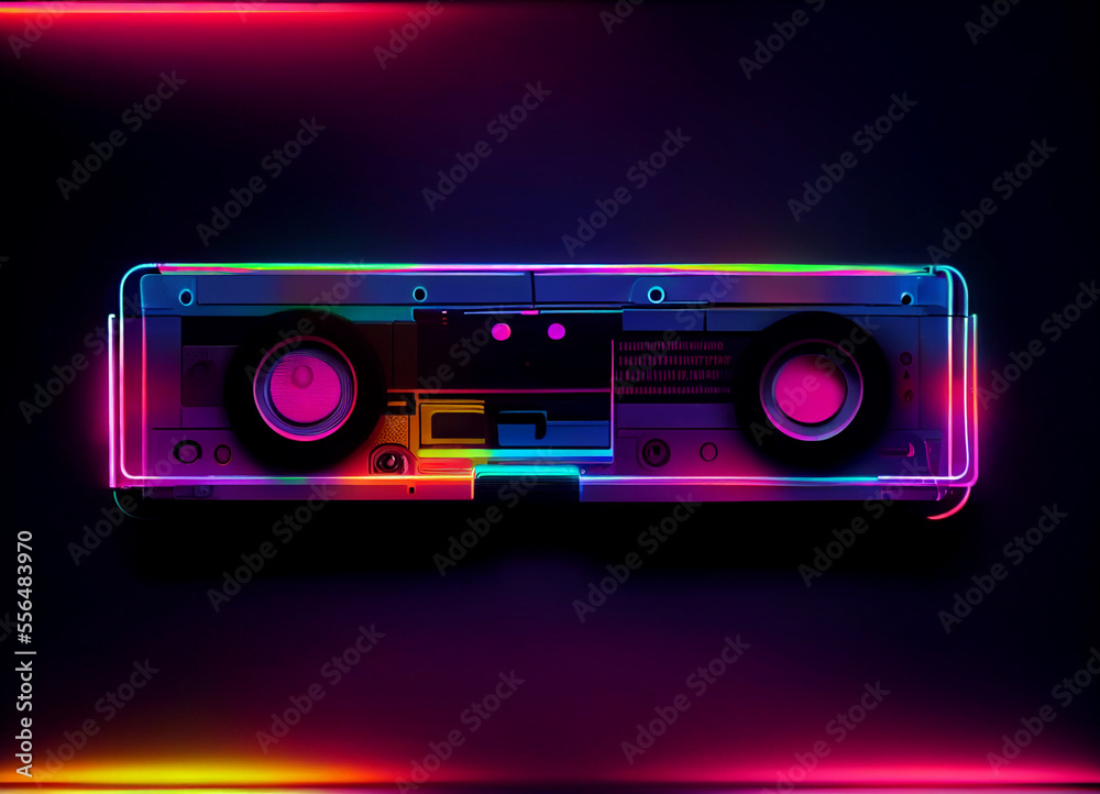 Poster beautiful audio cassette tape in neon light.minimalism retro style concept. 80s. background pattern 
