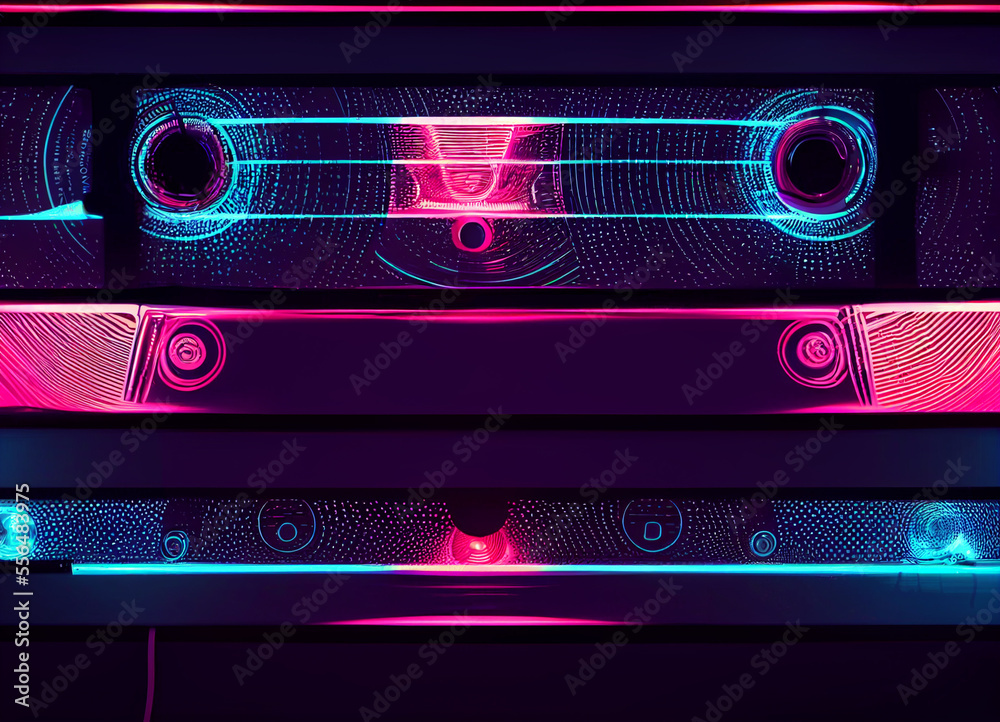 Poster beautiful audio cassette tape in neon light.minimalism retro style concept. 80s. background pattern 