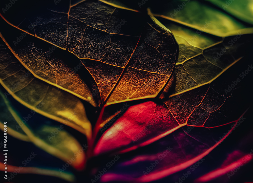 Poster close up beautiful abstract leaf in colorful light. minimalism modern style concept. dark background