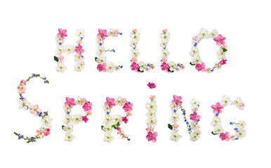 Hello spring lettering text from of flowers apple tree and blue wildflowers forget-me-nots on white background. Top view, flat lay