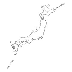 寒さに震える手書きの顔の付いた日本地図 - シンプルな日本列島 - やわらかな黒線
                        