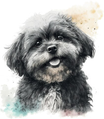 Watercolor dog painting illustrate, animal, black Maltese terrier