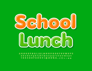 Vector creative poster School Lunch. Modern Green Font. Glossy Alphabet Letters and Numbers