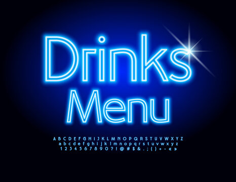 Vector glowing poster Drinks Menu. Elegant blue Font. Trendy Neon Alphabet Letters and Numbers set - Powered by Adobe