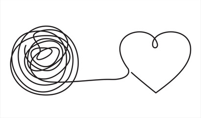 Chaos and hart abstract minimalist concept vector illustration. Metaphor of disorganized difficult problem, mess with black single continuous tangle thread in need of unraveling isolated on white