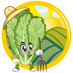 mascot vector illustration of cute mustard green character being a farmer in logo emblem illustration