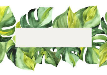 Tropical frame with green Watercolor leaves. Hand painted watercolor illustration. Perfect for wedding and ceremony decoration, stationary, greetings cards etc. Place for text.