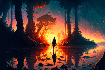 Fototapeta premium Beautiful Anime Sunset Scenery, amazon jungle. Generative AI