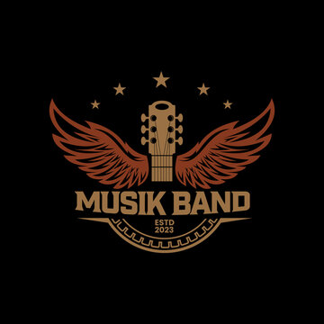 Vintage Retro Guitar Wings Music Logo Design Vector. Acoustic guitar logo.Star symbol Music shop vintage style template design elements. dark background