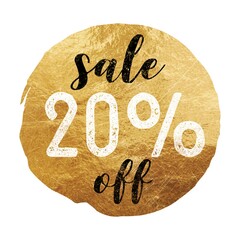 Sale 20 percent off gold glitter shape badge or banner with white background. Discount offer or sale tag for 20 percent off	