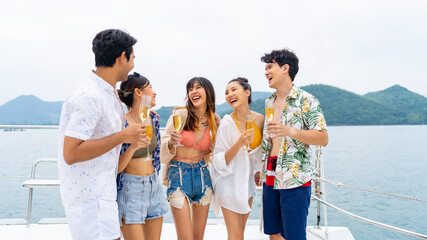 Group of Asian man and woman friends enjoy and fun luxury outdoor lifestyle celebration party...