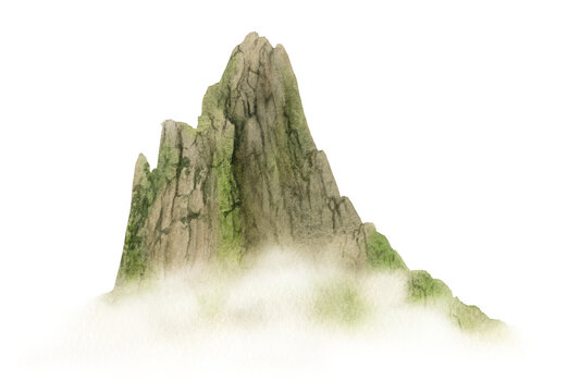 A mountain in the fog hand drawn in watercolor. Watercolor illustration. 