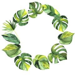 Tropical wreath with green Watercolor leaves. Hand painted watercolor illustration. Perfect for wedding and ceremony decoration, stationary, greetings cards etc. Place for text. © liliia_sinhina