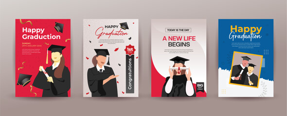 a bundle of 4 flyer Graduation cards. Invitation and congratulation banners. Greeting postcards with black caps and degree diplomas, realistic hat, confetti. Vector flyers set for graduate ceremony