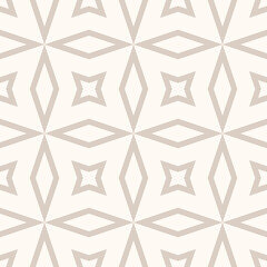 Abstract vector geometric seamless pattern. Simple minimal beige and white ornament texture with lines, diamonds, rhombuses, stars, grid. Subtle ornamental background. Repeat design for print, decor