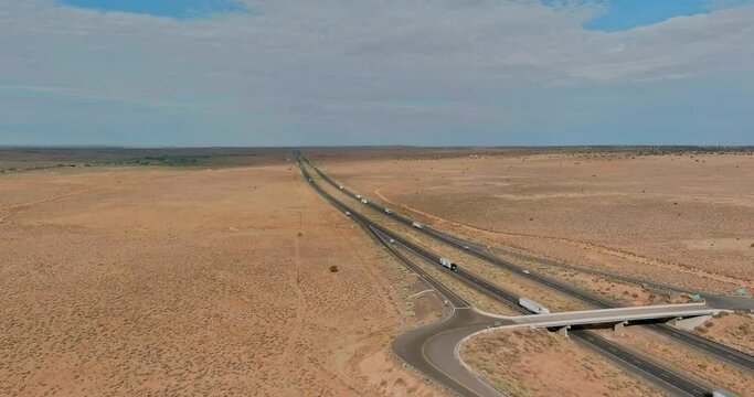 Panoramic view highway in America located west in desert environment near San Jon, New Mexico, USA