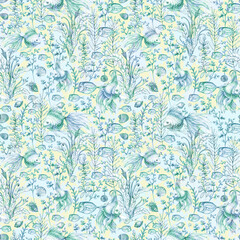 Sea life. Fish, marine plants, seashells. Seamless pattern.