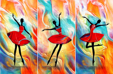 painting African girl ballerina dancing abstract figure. collection of designer oil paintings. Decoration for interior. Contemporary abstract art on canvas. A set of pictures with different texture. © mozed
