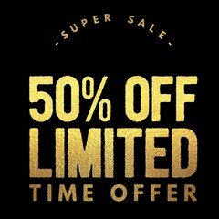 Sale 50 percent off gold glitter text with black background banner. Discount offer or sale tag for 50 percent off