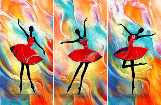 painting African girl ballerina dancing abstract figure. collection of designer oil paintings. Decoration for interior. Contemporary abstract art on canvas. A set of pictures with different texture.