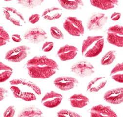 Fotobehang Romantic print with lips seamless pattern. Modern lips icons. Realistic lipstick print isolated on white. Trendy vector design for Valentines Day or wedding. © Alina