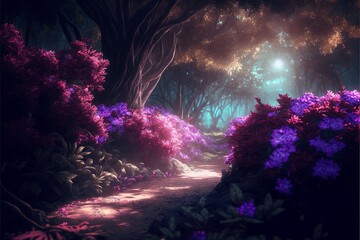 Schöner romantischer Waldweg mit Lila Farben, AI generativ