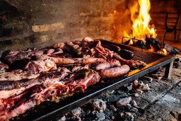 Fotobehang Buenos Aires Barbeque, bbq meat cooking on grill. Traditional Asado of Argentina, Paraguay y Uruguay.