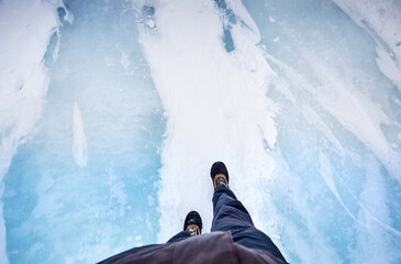 Leg walking at ice glacier mountain valley