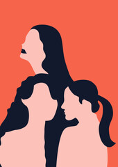 Women's day campaign poster background design with two or more girls with faces silhouette vector illustration. Female friendship. Colorful vector illustration.