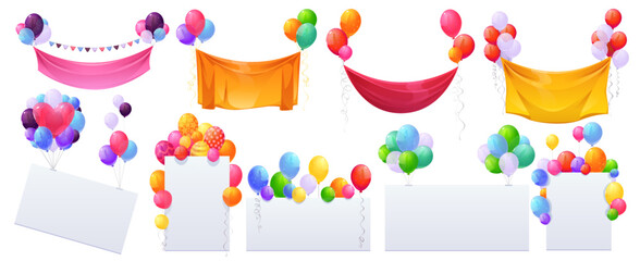 Helium balloons and banners isolated set. Multicolored decoration for holidays, store grand opening ceremony, birthday, wedding or party event on white background, Cartoon vector illustration - obrazy, fototapety, plakaty