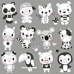 Cute Cartoon Animals on a gray background