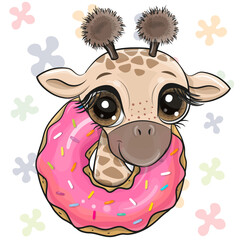 Cartoon Giraffe with a pink donut