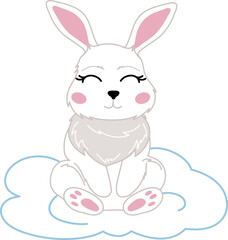 Vector children's illustration of a white rabbit in a flower wreath on a cloud. illustration isolated on a white background