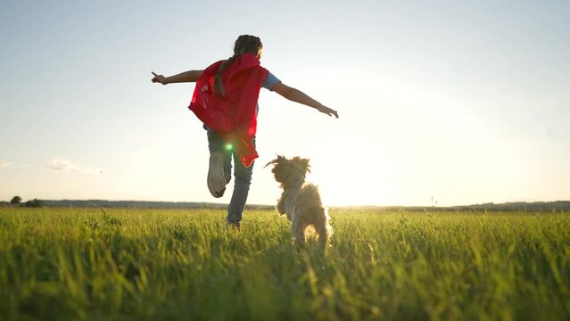 Happy child in park at sunset. Boy in superhero costume runs through the grass with dog. Child plays in park with a pet. Child with dog in nature. Superhero in red cape plays in the park with a dog