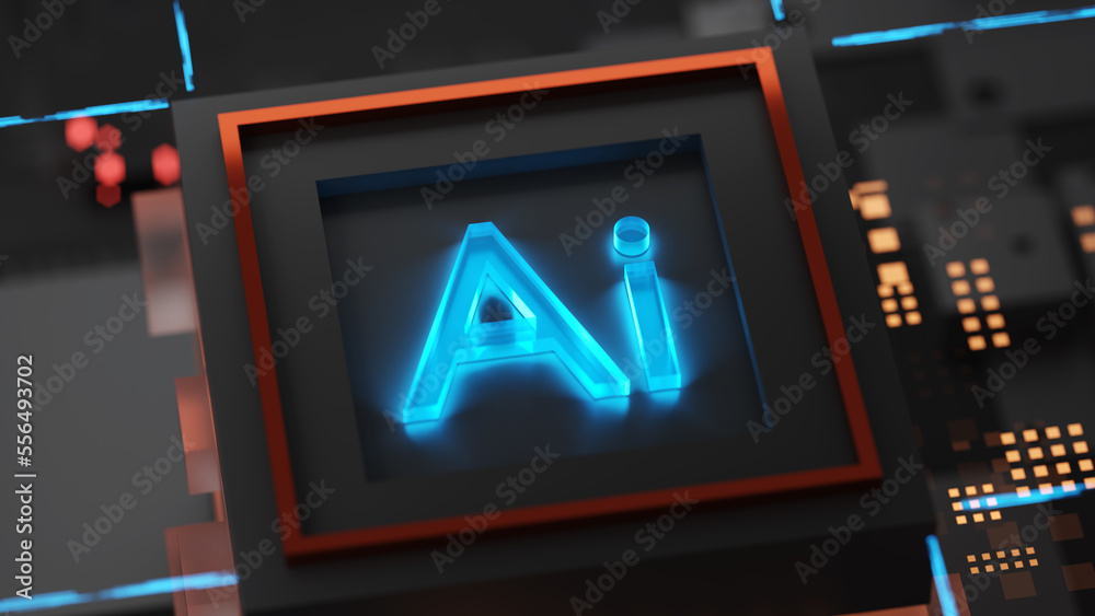 Poster 3d rendering of cyberpunk ai. circuit board. technology background. central computer processors cpu 