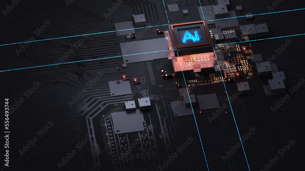 Poster ai cpu chip on motherboard - abstract 3d render of a computer processor chip on a circuit board with