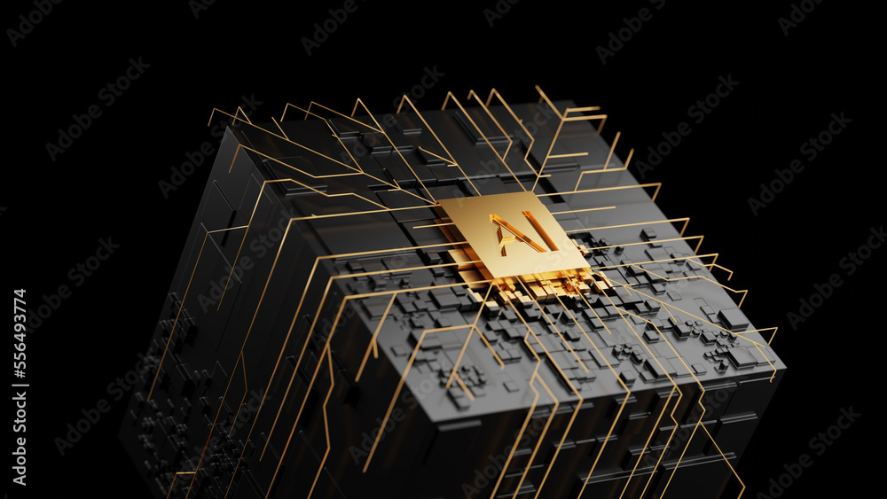 Poster circuit cube board with gold ai chip. central computer processors cpu concept. 3d rendering, concept