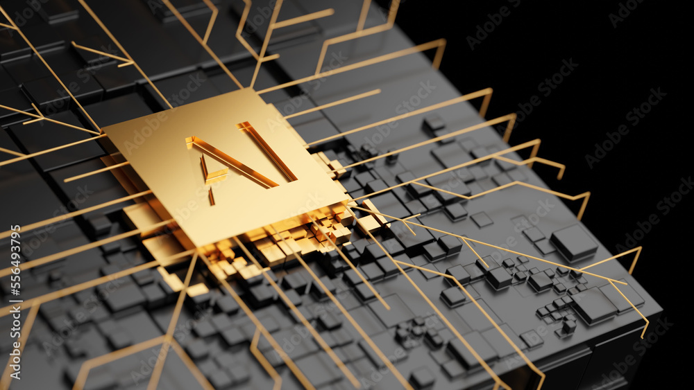 Poster golden ai circuit board. technology background central computer processors cpu and gpu concept. moth