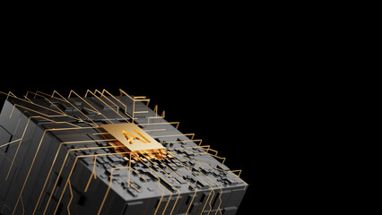 Gold Ai chipset on circuit board working on data analysis in futuristic concept suitable for future technology artwork , Background or web banner. 3d render