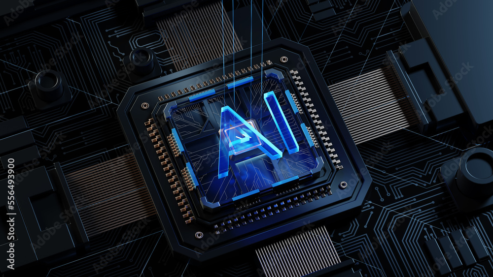 Poster 3d rendering of cyberpunk ai. circuit board. technology background. central computer processors cpu 