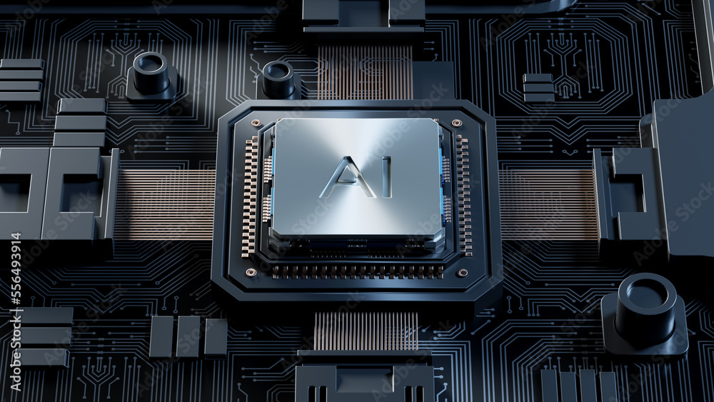 Poster 3d rendering of cyberpunk ai. circuit board. technology background. central computer processors cpu 