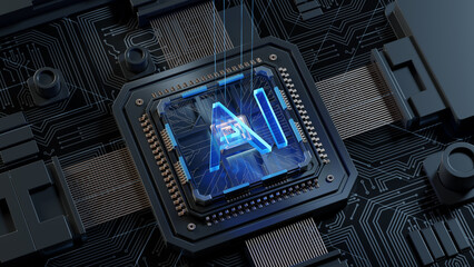 3d rendering Technology Smart Ai motherboard chip creative map