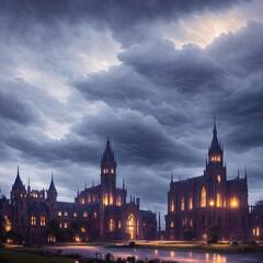 Fototapeta premium Fantasy academy. Gothic building. Great for urban fantasy, vampire and other stories. 