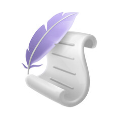 Copywriting, writing icon. Paper scroll and feather pen. Creative writing and storytelling 3d icon, education concept. Cartoon vector illustration.