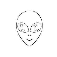 Vector outline alien head with big eyes in Doodle style. Simple illustration, clip art on theme of UFO, space, kids design. Black contour isolated on white background