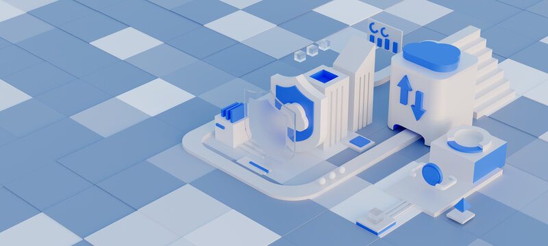 Cloud storage for downloading an isometric. A digital service or application with data transmission. Network computing technologies. Futuristic Server. Digital space. Data storage. 3d render