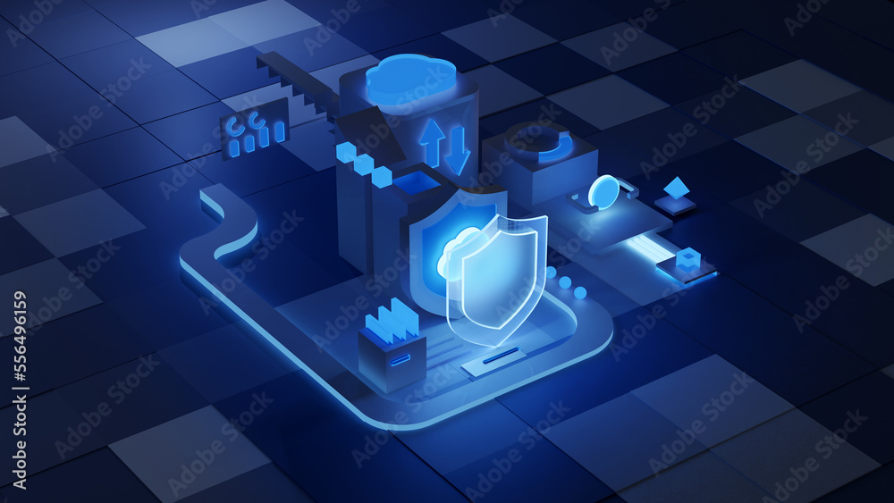 Poster cloud storage for downloading an isometric. a digital service or application with data transmission.