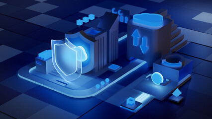Cloud storage for downloading an isometric. A digital service or application with data transmission. Network computing technologies. Futuristic Server. Digital space. Data storage. 3d render