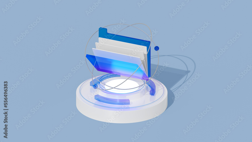 Poster 3d blue digital folder, digital file organization service or app with data transferring. 3d renderin
